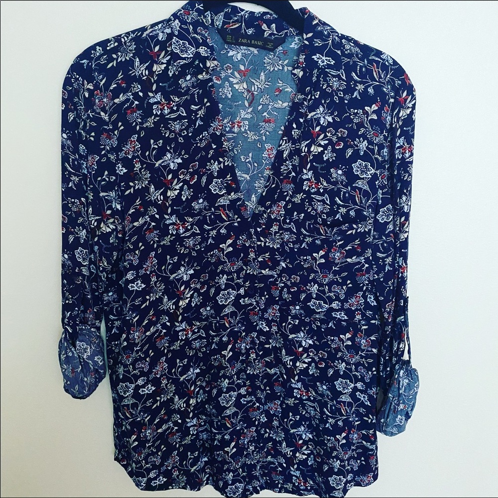 Zara | navy floral button-down blouse